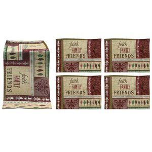 Faith, Family, Friends 5-Piece Tapestry Placemat & Table Runner Set in Burgundy